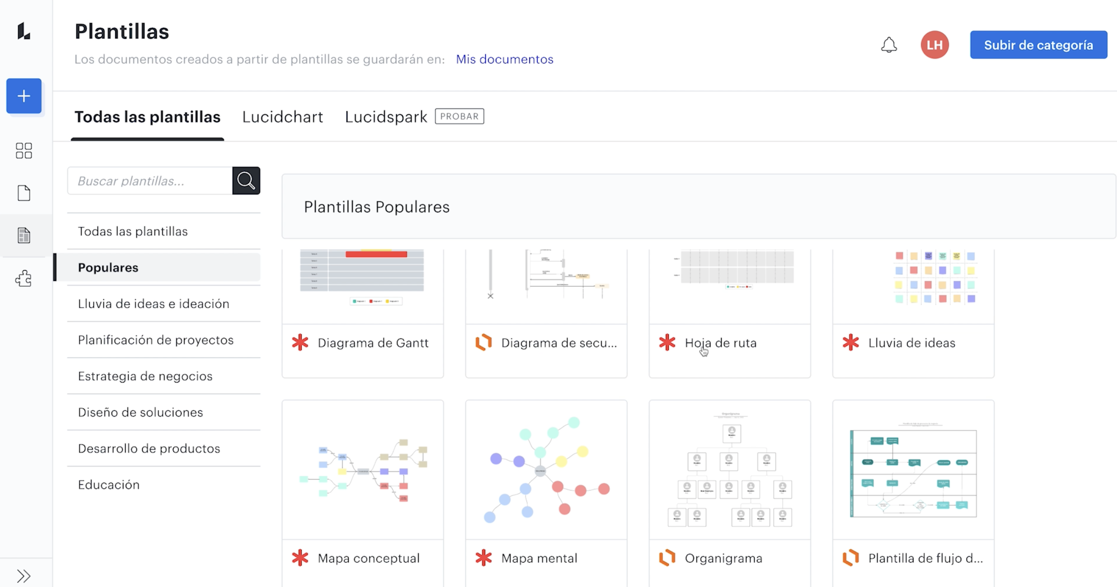 Diagramas de flujo en Lucidchart: elegir plantilla desde la app.
